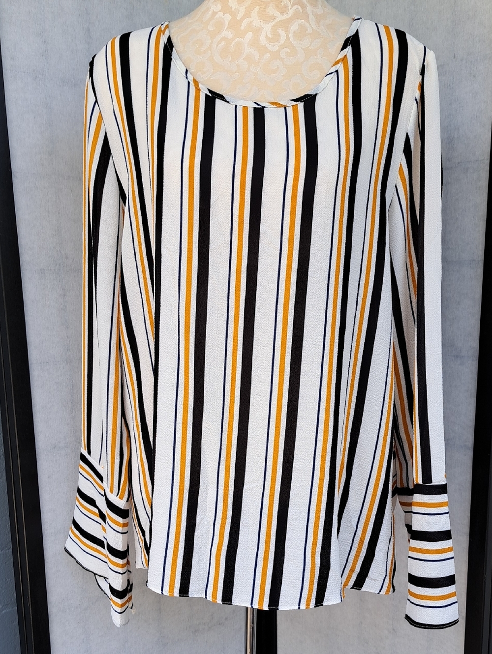C Striped Scoop Neck Long Sleeve Top - White, Black & Mustard